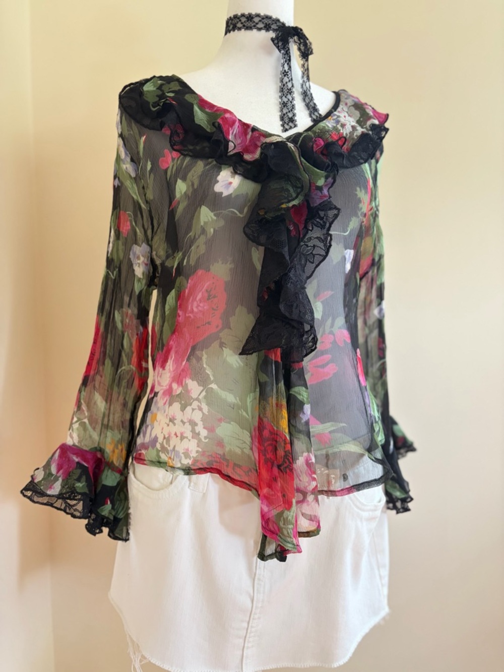 Vintage Y2K silk floral ruffle sheer black lace blouse fairy coquette whimsy M-L - Picture 4 of 12